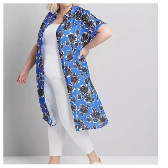 NEW Lane Bryant 14/16 Button Front Duster Overpiece Tunic Blue Floral NWT $60 - Picture 1 of 10